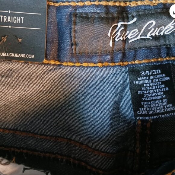 True Luck Jeans men's Stretch Straight 3 Flap Pockets blue 34x30 Embroidered - Picture 13 of 14